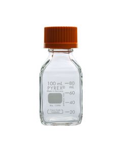 FRASCO GRADUADO DE 100ML CUADRADO CON TAPA DE ROSCA. PYREX